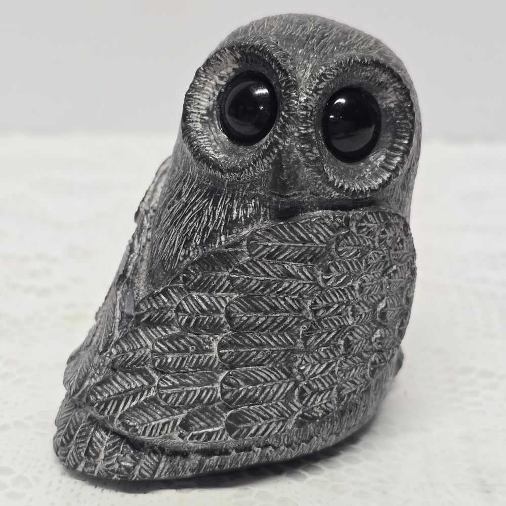 Wolf Original Handcarved Soapstone Gray Owl Figurine Canada Glass Eyes Grey
